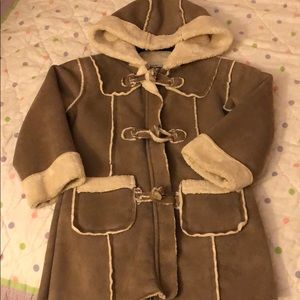 Ivory and tan faux suede coat with hood.